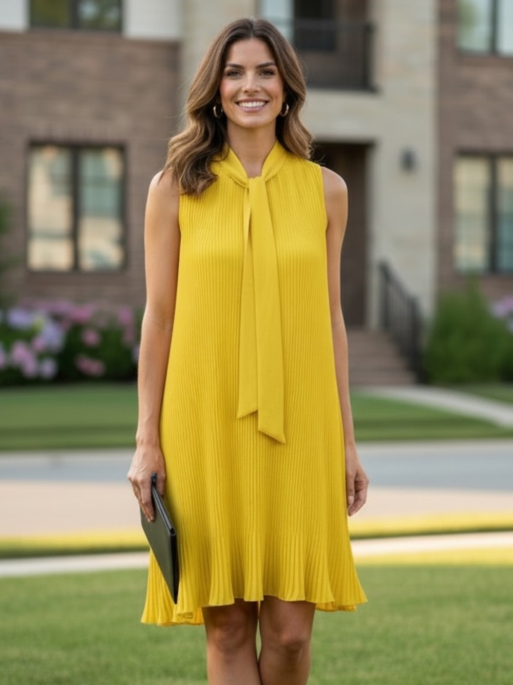 DKNY Sunburst Pleated Tie Neck Trapeze Midi Dress Yellow NWT Size 12